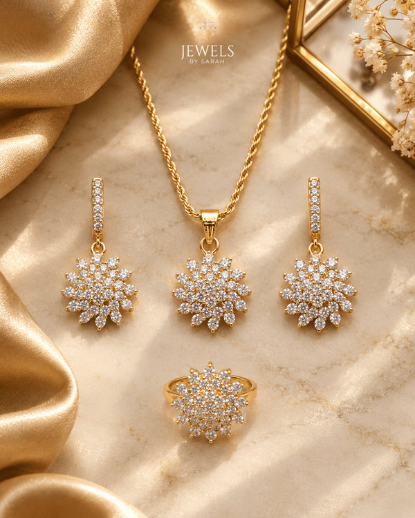 22K gold plated Jurao stones sunflower necklace earrings and ring set - Jewels by Sarah