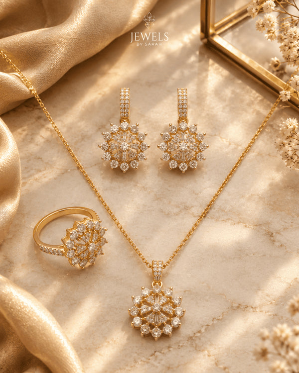 22K gold polish diamond-cut flower zircon jewelry set with necklace, earrings and ring – Jewels by Sarah