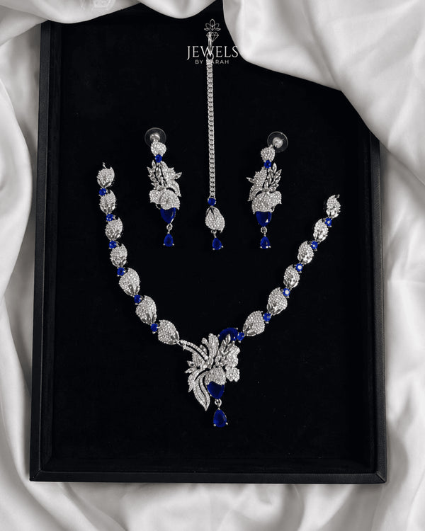 "Sapphire blue AD feather necklace set with tikka and earrings in gift box by Jewels by Sarah"