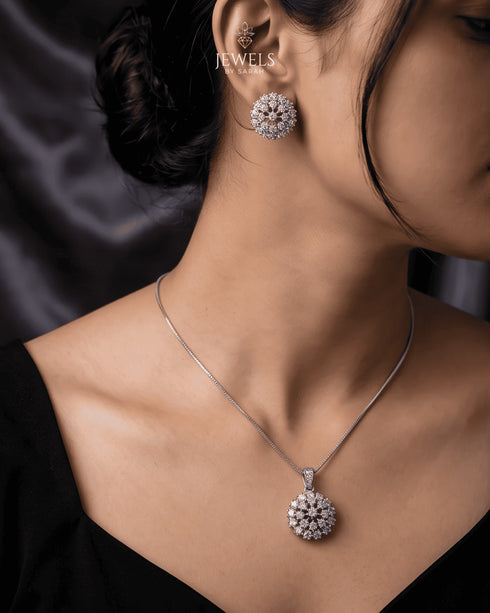 Woman wearing silver zircon necklace and stud earrings set – Jewels by Sarah jewelry