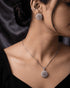 Woman wearing silver zircon necklace and stud earrings set – Jewels by Sarah jewelry
