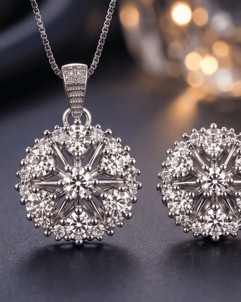 Silver plated starburst zircon pendant and earring close-up – Jewels by Sarah