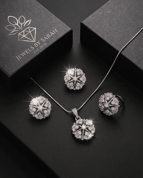 Jewels by Sarah zircon jewelry set with necklace, earrings and ring in branded gift box