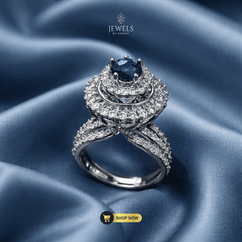 Signature Deep Blue Pear-Cut Statement Ring with Multi-Row AD Stone Band