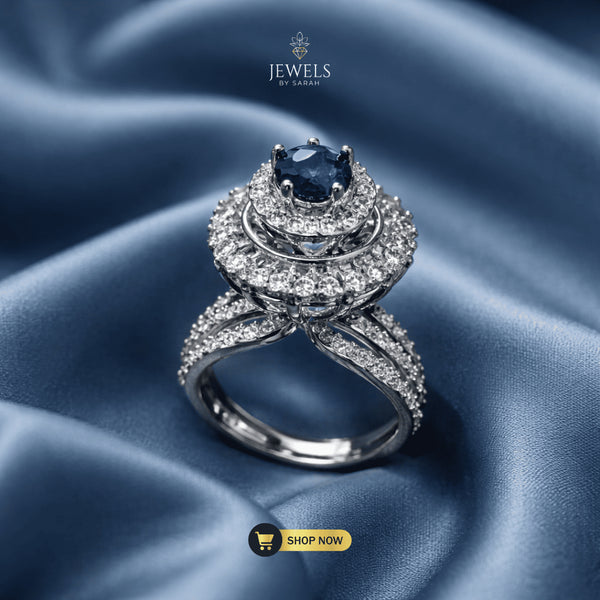Signature Deep Blue Pear-Cut Statement Ring with Multi-Row AD Stone Band
