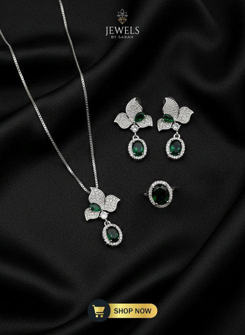 Emerald Green and Silver Butterfly Jewelry Set for Party Wear for women