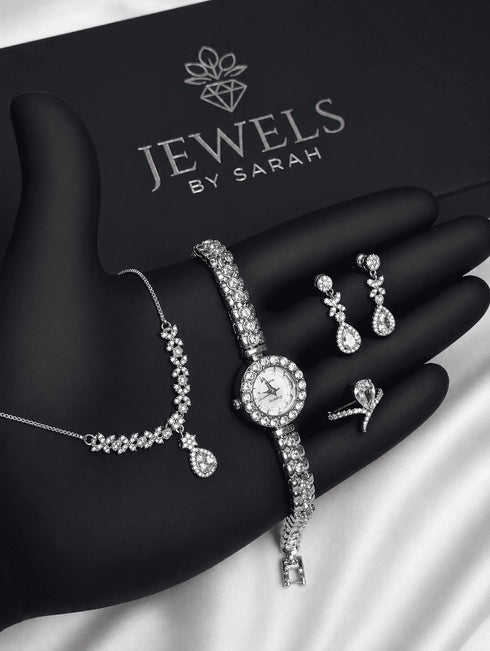 Jewels by Sarah Silver 4-piece jewelry watch set with necklace and earrings