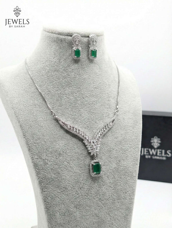 Emerald Green Rectangular Zircon Necklace Set in Silver Plating - American Diamond Jewellery Pakistan