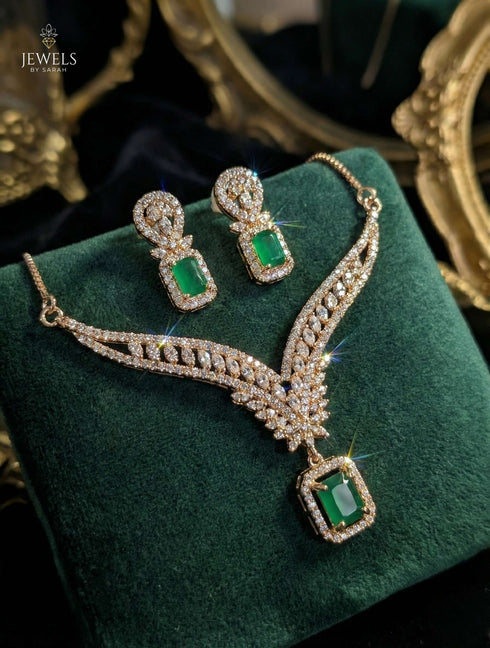 Imperial Emerald Zircon Necklace Set – Rose Gold Plated Luxury Jewellery