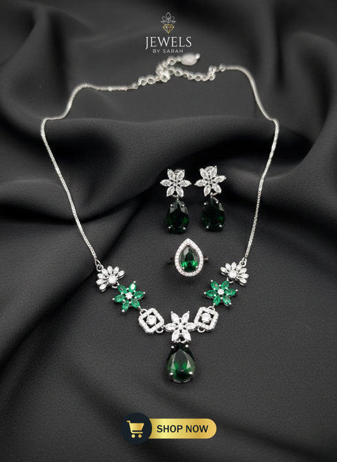 Emerald Green Zircon Jewelry Set for Pakistani Party Wear.