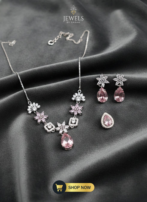 Baby Pink Floral Zircon Necklace Set with Teardrop Earrings and Ring.