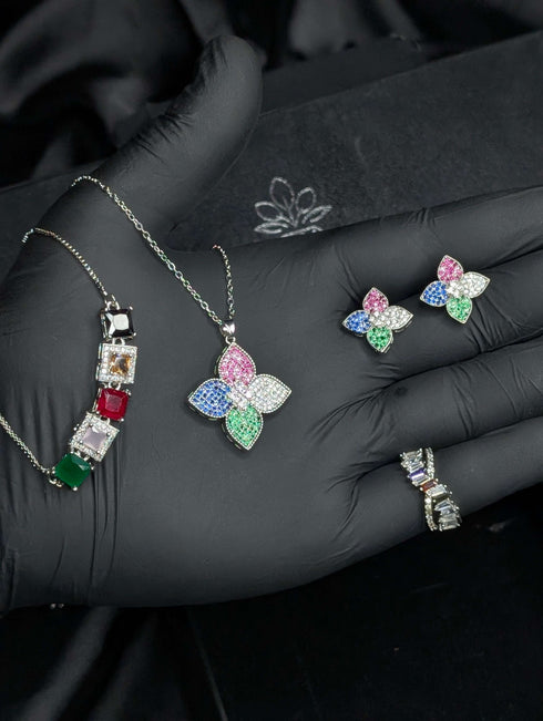 Luxury Multicolor Crystal Floral Jewelry Set – Necklace, Earrings, Ring & Bracelet