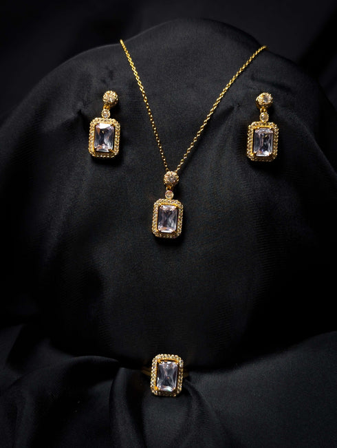 Sophisticated Rectangular Diamond-Style Gold Jewelry Set – Necklace & Earrings