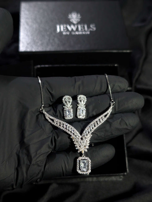 Pristine Emerald-Cut Zircon Necklace Set – Silver Plated American Diamond