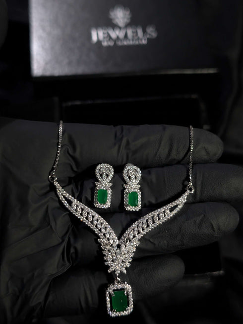 Majestic Emerald Green Zircon Necklace Set – Silver Plated American Diamond (AD) Jewellery