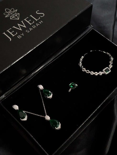Emerald Green Zircon Complete Gift Set – Silver Plated (4-Piece Collection)