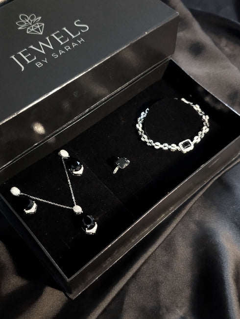 Midnight Black Zircon Complete Gift Set – Silver Plated (4-Piece Collection)