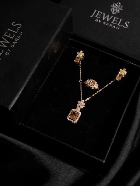 Floral Emerald-Cut Champagne Zircon 3-Piece Set – Rose Gold Plated (Necklace, Earrings & Ring)