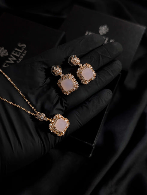 2-Piece Blush Pink Square Zircon Necklace and Earring Set in Rose Gold Plating - Luxury Gift Box Pakistan