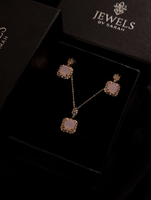 2-Piece Blush Pink Square Zircon Necklace and Earring Set in Rose Gold Plating - Luxury Gift Box Pakistan