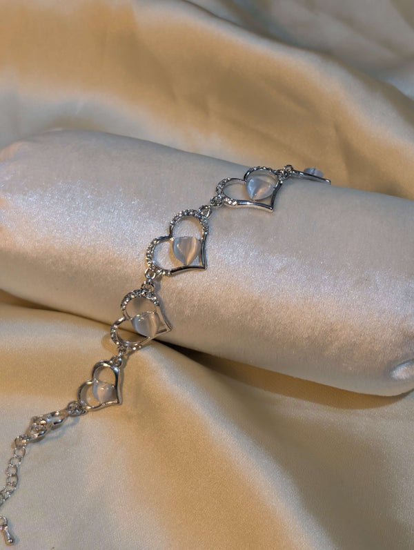 Silver Plated Heart Link Bracelet with Glowing White Moonstone Cat's Eye Stones - Artificial Jewellery Pakistan