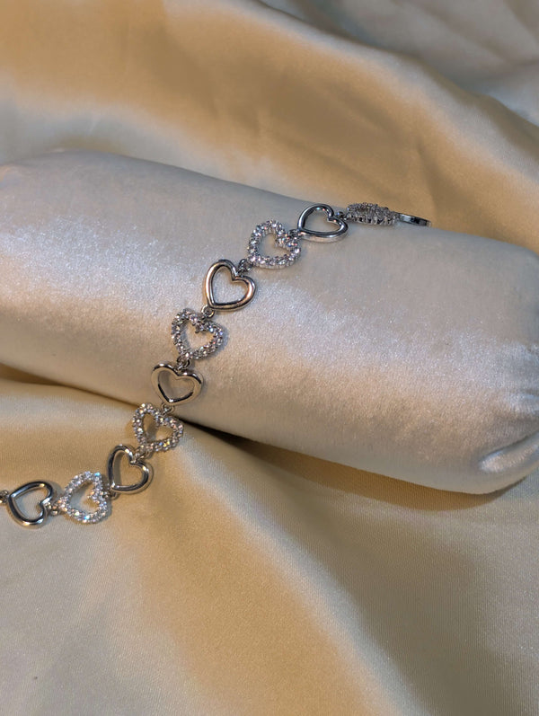 Silver Plated Open Heart Link Bracelet with Sparking American Diamonds - Romantic Artificial Jewellery Pakistan