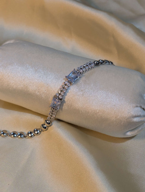 Silver Plated Bracelet with Two Emerald Cut Zircons and Double Row Pave Setting - Luxury Artificial Jewellery Pakistan