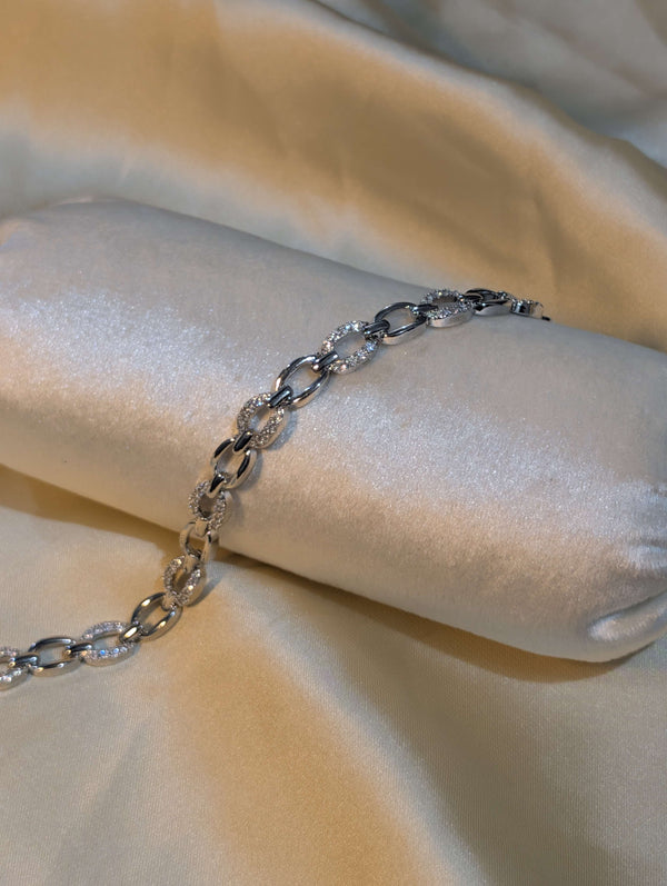 Silver Plated Oval Link Chain Bracelet Encrusted with American Diamonds - Trendy Artificial Jewellery Pakistan