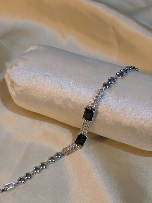 Silver Plated Beaded Chain Bracelet with Black Square Zircon Stones - Trendy Artificial Jewellery Pakistan