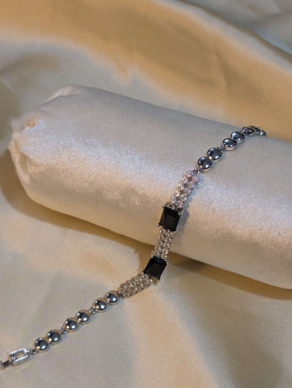 Silver Plated Beaded Chain Bracelet with Black Square Zircon Stones - Trendy Artificial Jewellery Pakistan