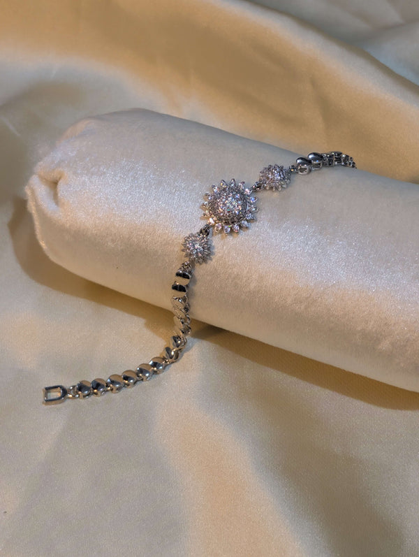 Silver Plated Sunflower Trio Bracelet with Sparking American Diamond Stones - Floral Artificial Jewellery Pakistan
