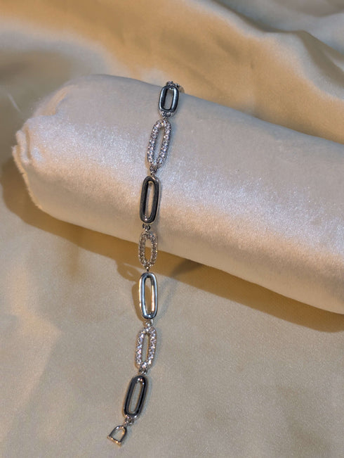 Silver Plated Paperclip Chain Bracelet with Alternating Pave Zircon and Plain Links - Trendy Artificial Jewellery Pakistan