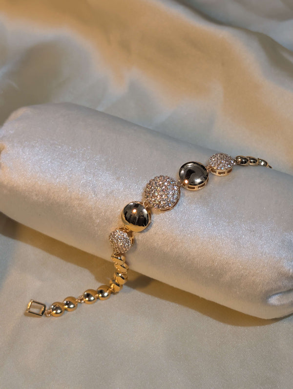 Gold Plated Bracelet with Mixed Pave American Diamonds and Polished Gold Beads - Luxury Artificial Jewellery Pakistan