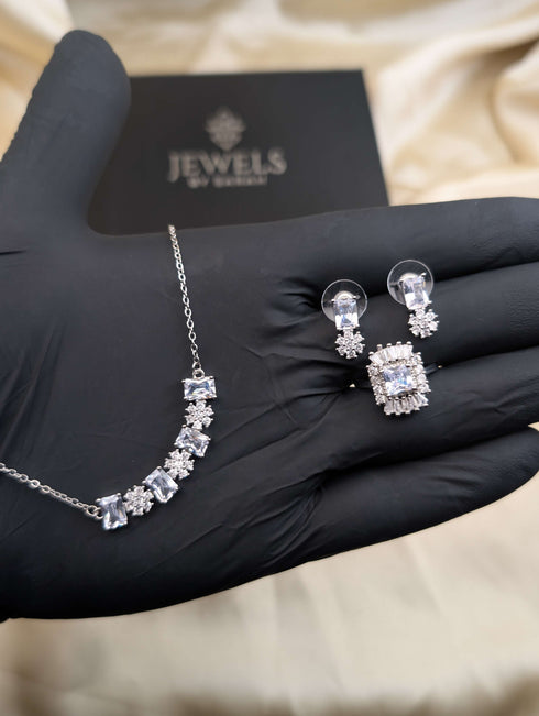 S925 Sterling Silver Curved Bar Necklace Set with Emerald Cut and Floral Zircons - Available in White Green and Colored Stones