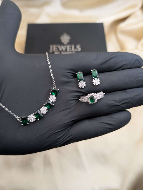 S925 Sterling Silver Curved Bar Necklace Set with Emerald Cut and Floral Zircons - Available in White Green and Colored Stones