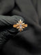 Detailed view of a gold starburst statement ring with a clear marquise crystal center and a textured gold band.