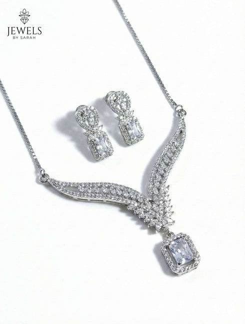 Pristine Emerald-Cut Zircon Necklace Set – Silver Plated American Diamond