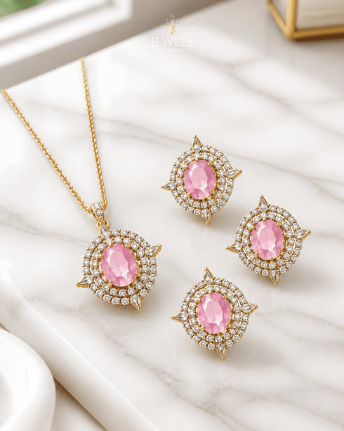 Pink AD stone Jadau pendant and earrings set - Jewels by Sarah 22K gold polish