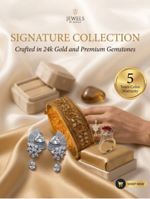 Jewels by Sarah Signature Collection jewelry banner featuring 24k gold items, luxury accessories, and 5-year warranty badges on gold satin.