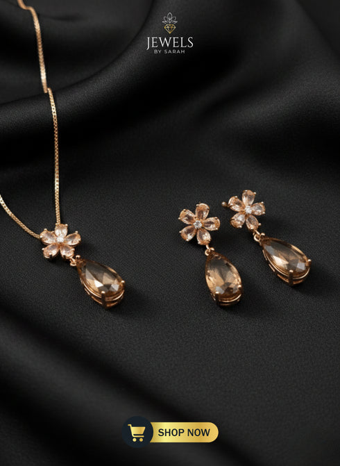 Champagne gold stone floral necklace set for Pakistani weddings.
