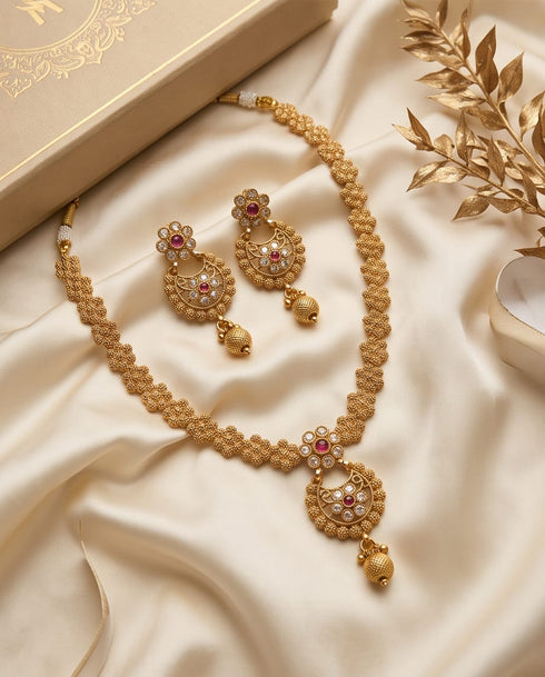 South Indian gold polish beaded necklace set with ruby stone chandbali pendant